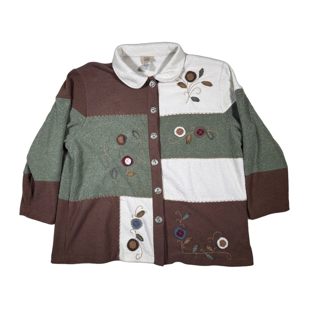 TEDDI Women's Patchwork Floral Embroidered‎ Button Up Shirt 1X Brown Green White